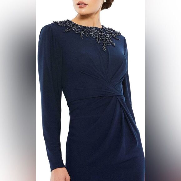 MAC DUGGAL 55713 BEADED HIGH NECK FRONT TWIST LONG SLEEVE TRUMPET GOWN 12 NWT - Picture 5 of 9